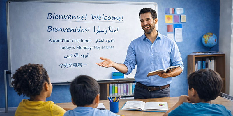 Educational workflow demonstrating multilingual translation adaptations