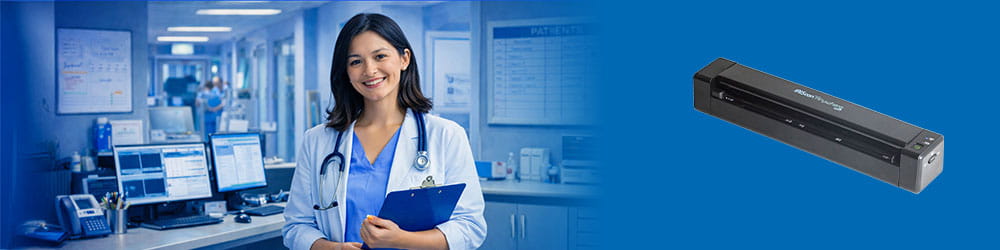 Complete Healthcare Patient File Mobile Capture Pack bundle showing Readiris PDF software and IRIScan Anywhere 6 WIFI